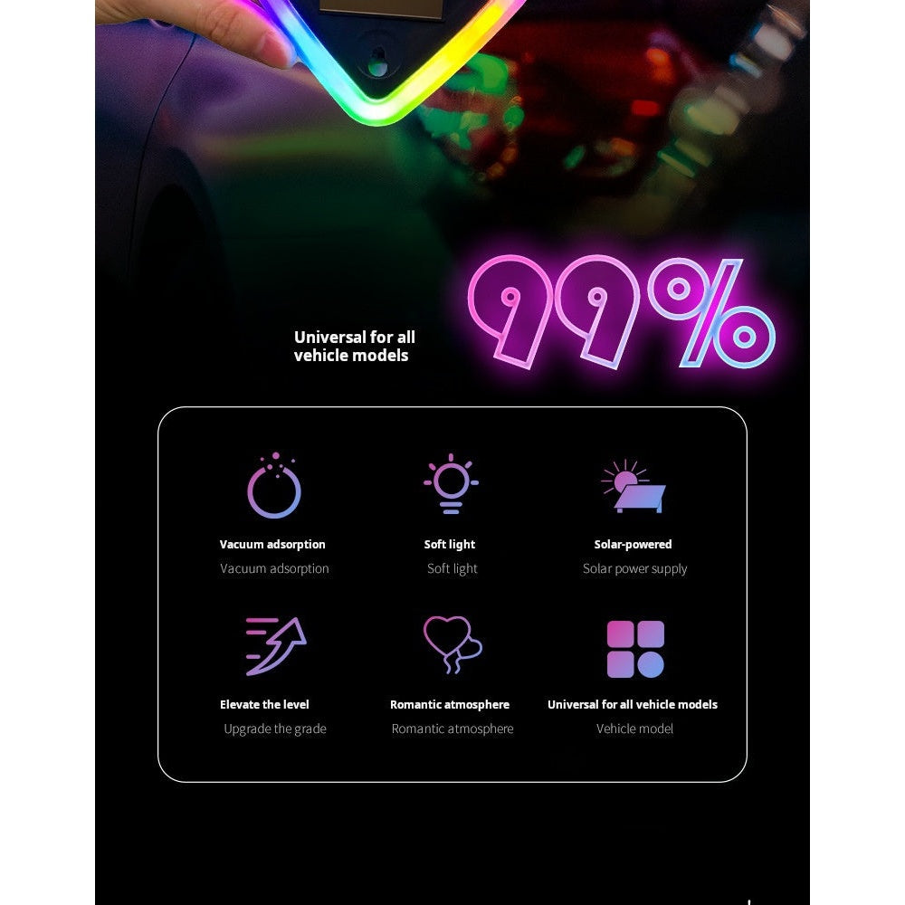 Heart-shaped car light with iridescent rainbow LED effect