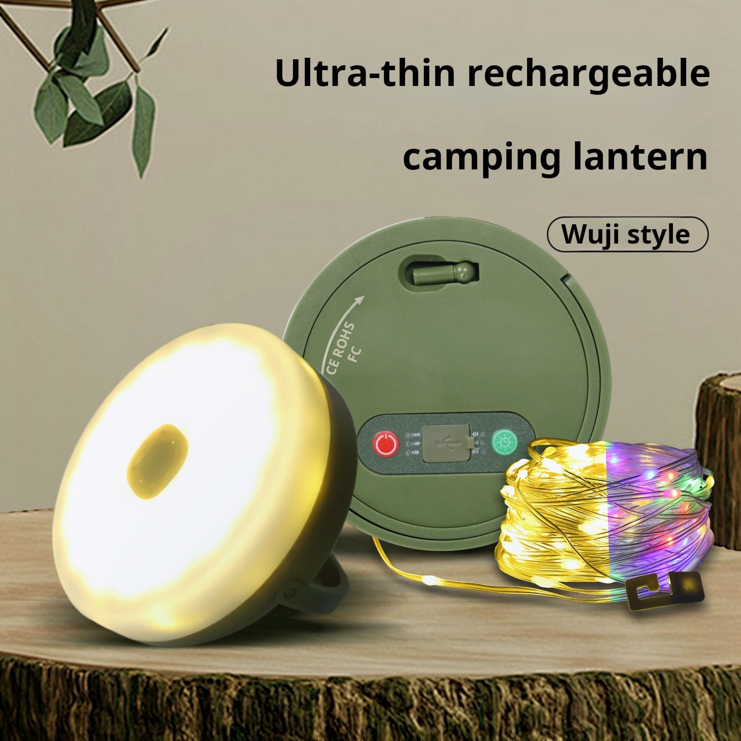 Solar camping light showing warm white and colorful LED options