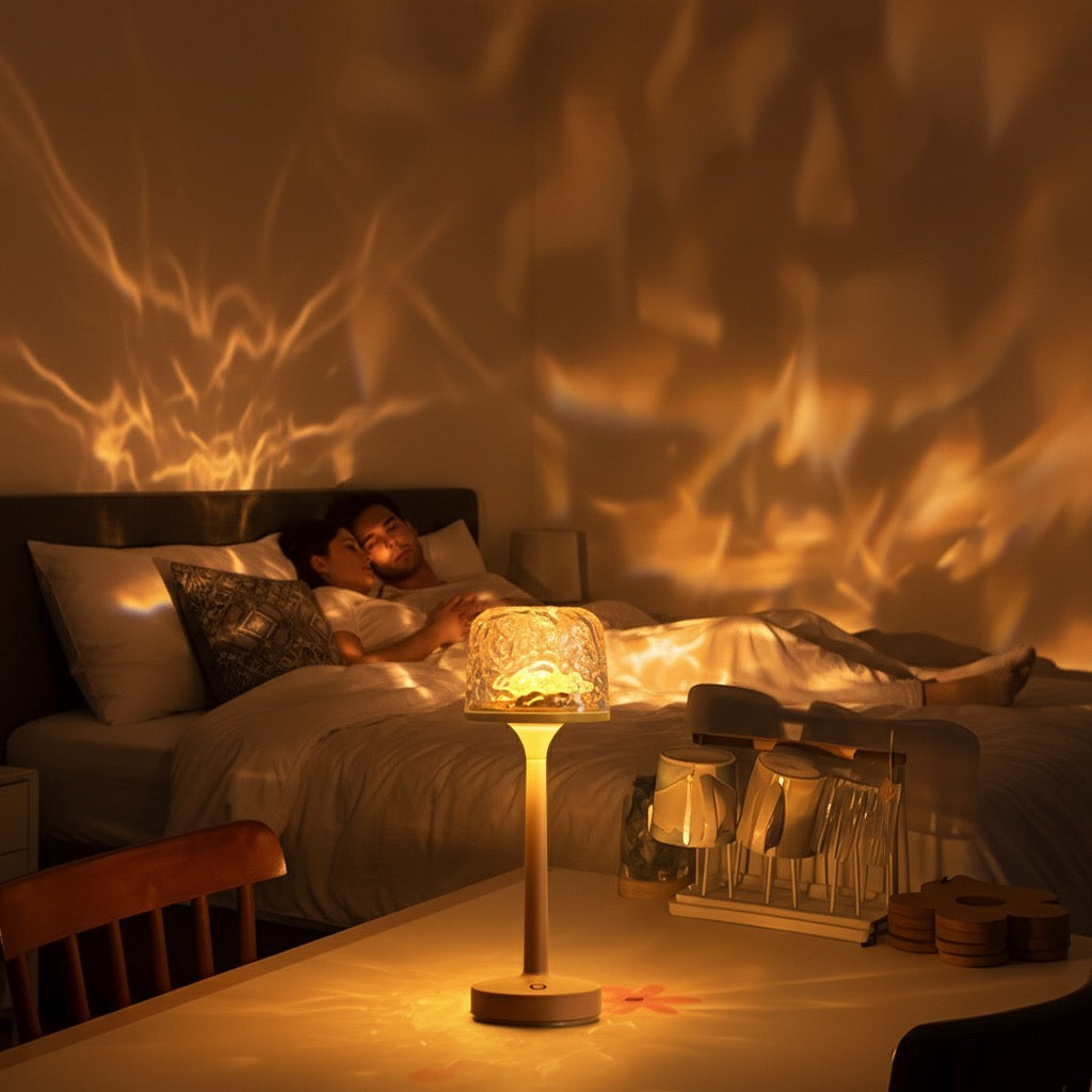 Water ripple night light illuminating dark room, romantic ambient lighting effect