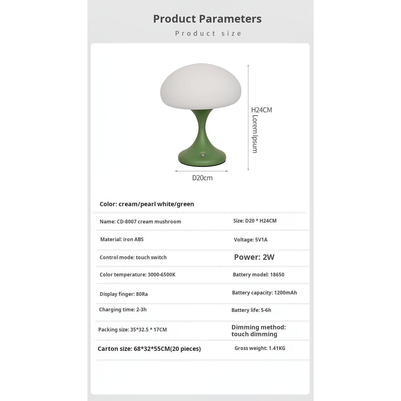 Jellyfish lamp specifications - 5-6hr battery life, 3-color dimming