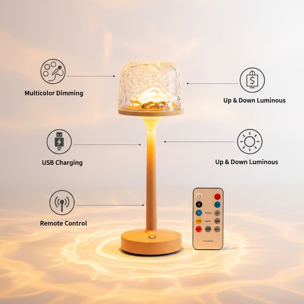 Water ripple night light with remote control, showing 16 color modes and features