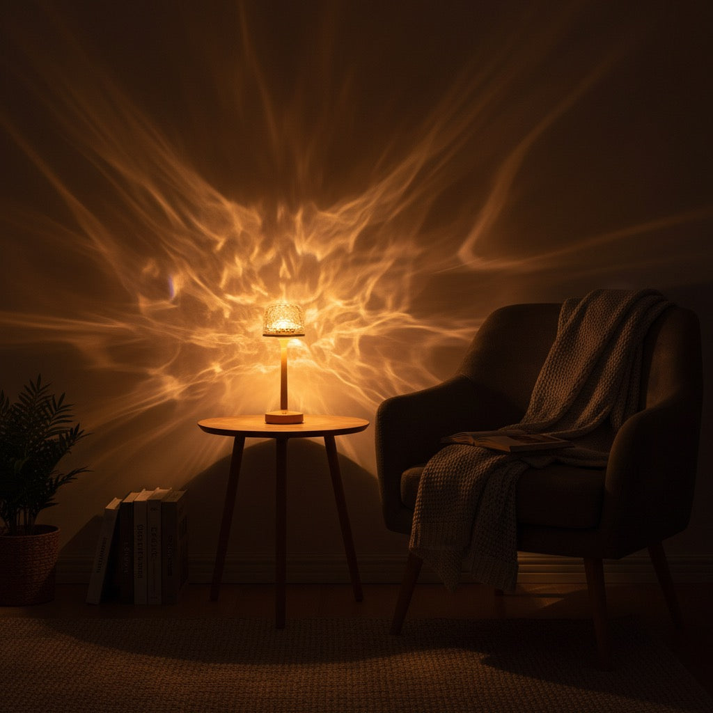 Water ripple night light as mood lighting in dimly lit space, ambient atmosphere