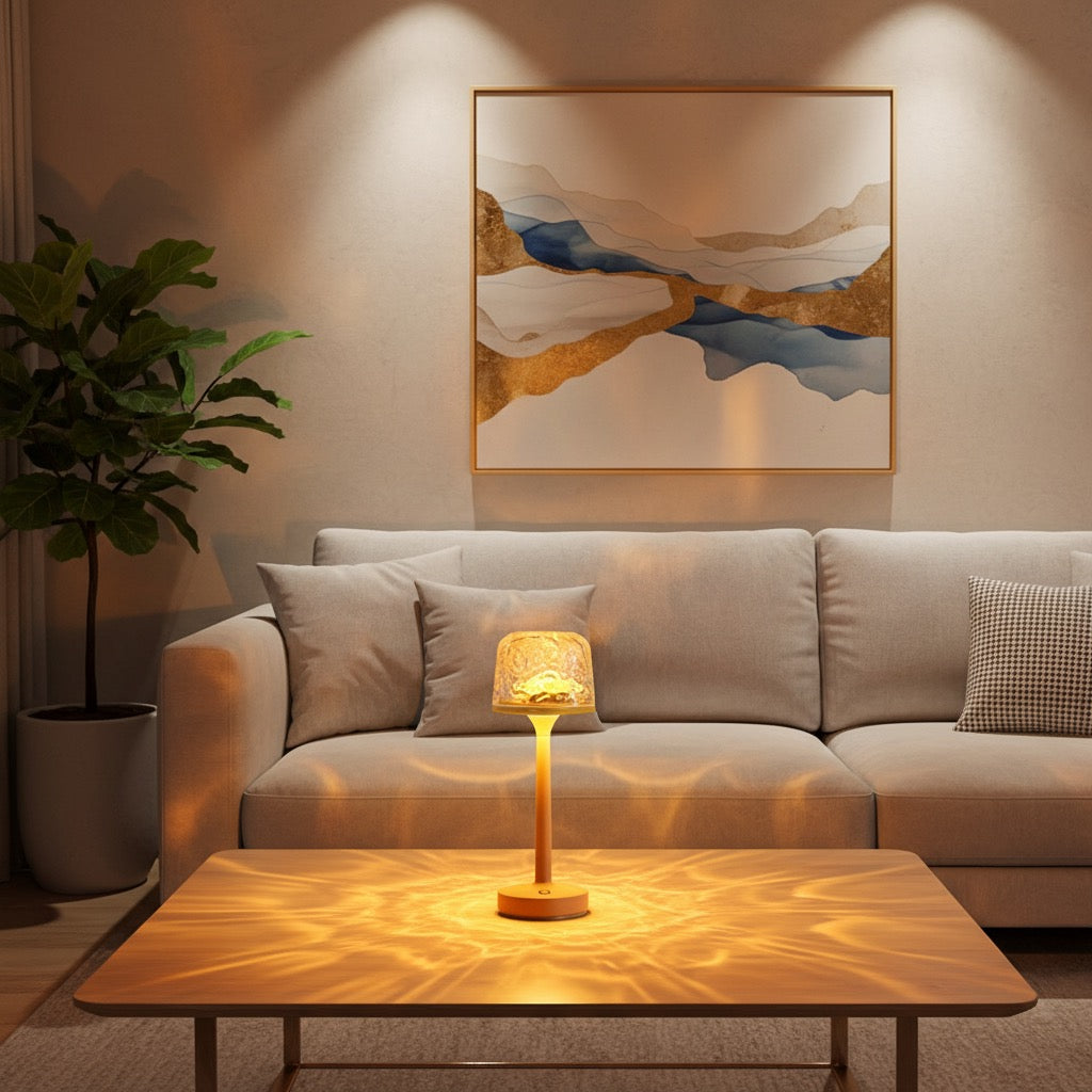 Water ripple night light on living room coffee table, modern home decor setting