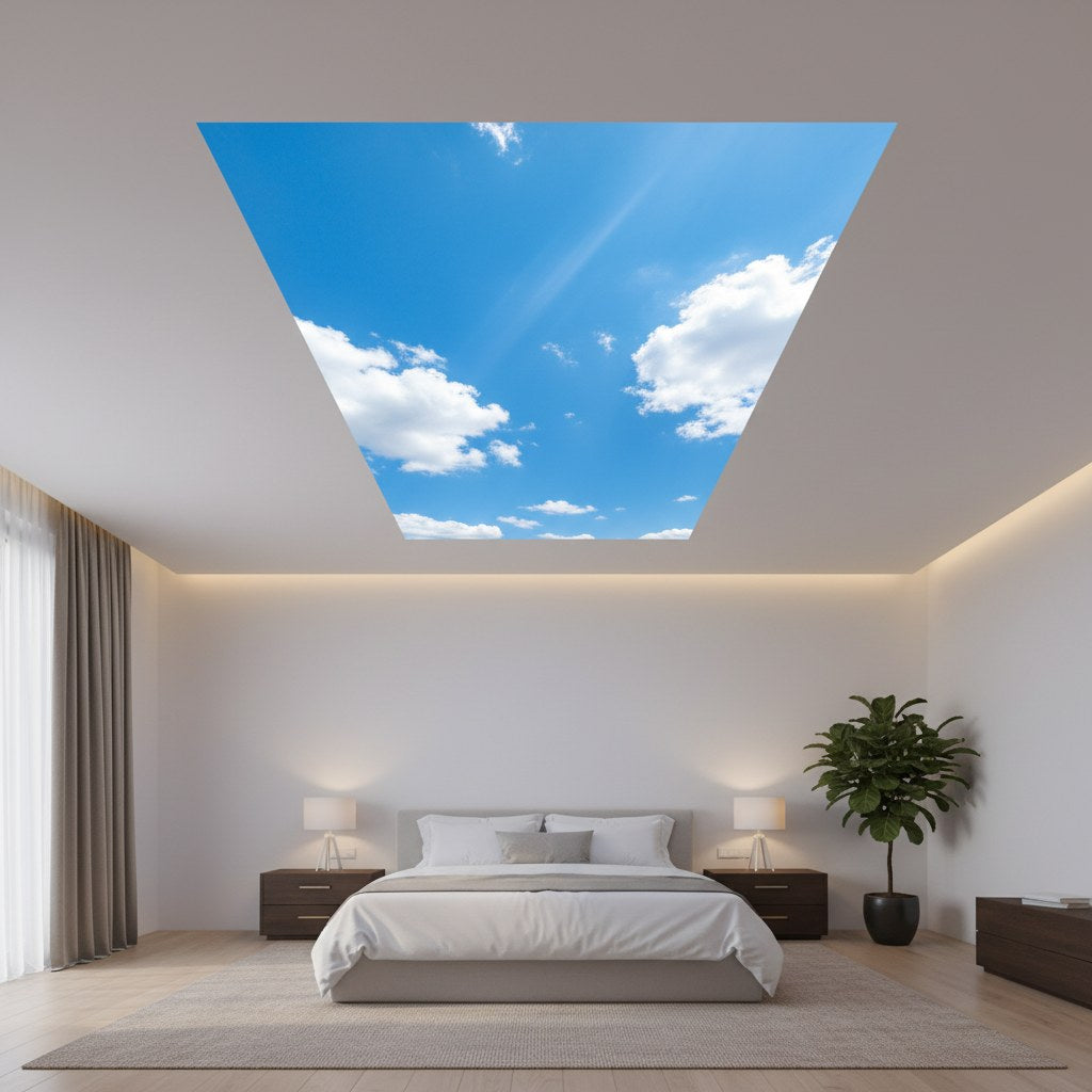 AI Lifestyle - Bedroom with Blue Sky Ceiling Panel at Dusk