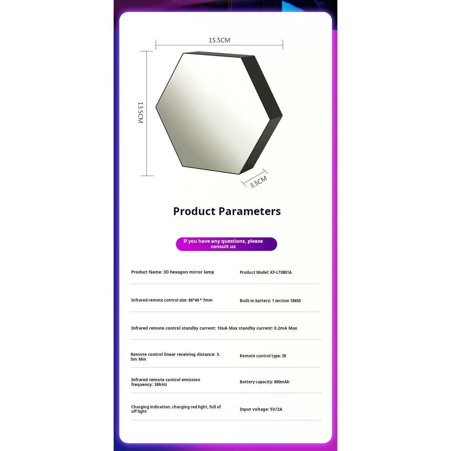 3D Hexagonal Infinity Mirror RGB Gaming Ambient Light - Dimensions