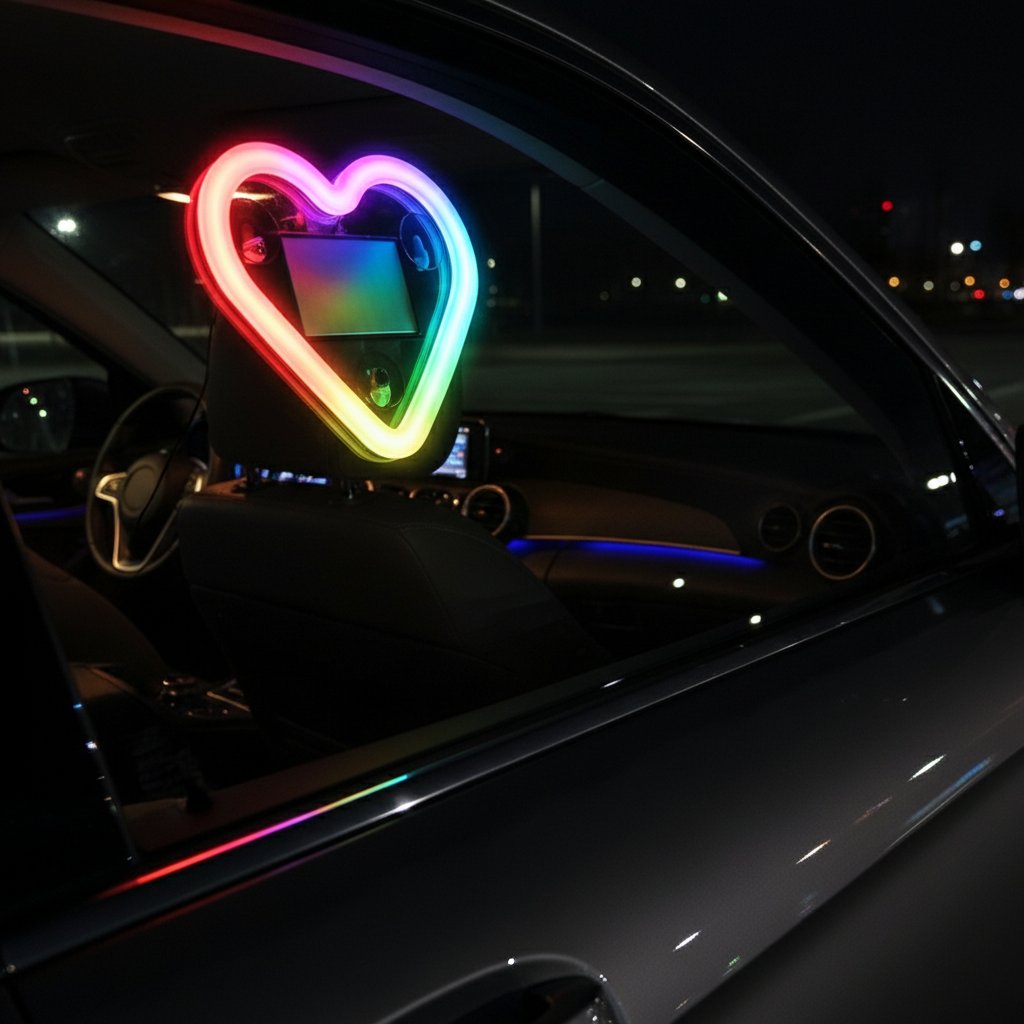 Heart LED car light romantic nighttime car scene