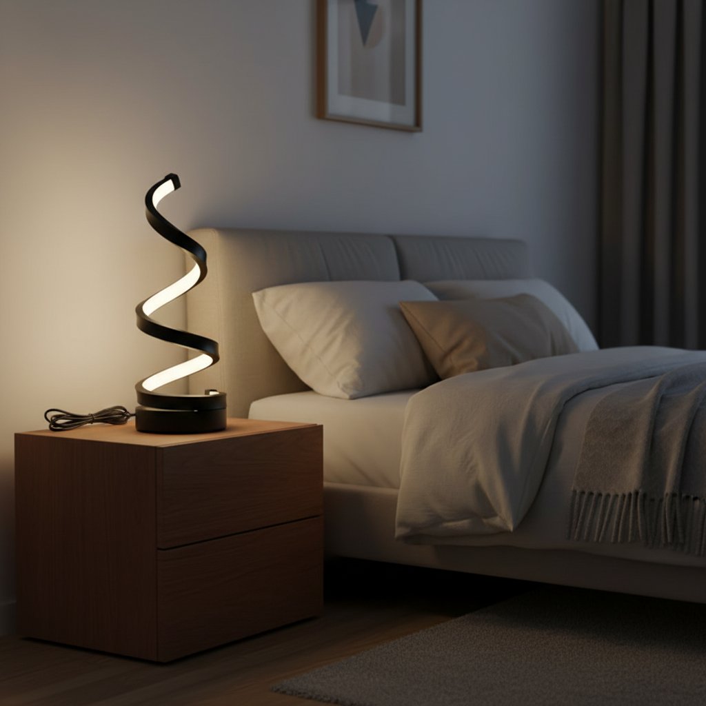 Modern Spiral LED Desk Lamp - Bedroom Scene