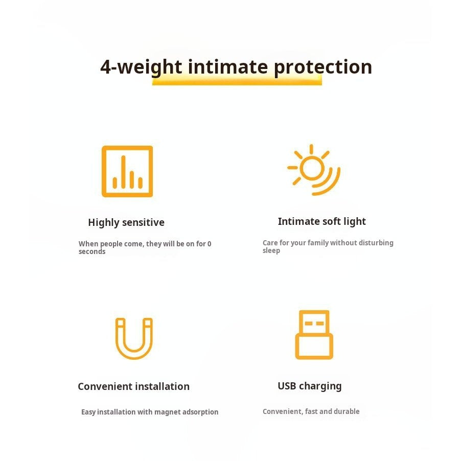 Key features — sensitive, soft light, easy install, USB rechargeable