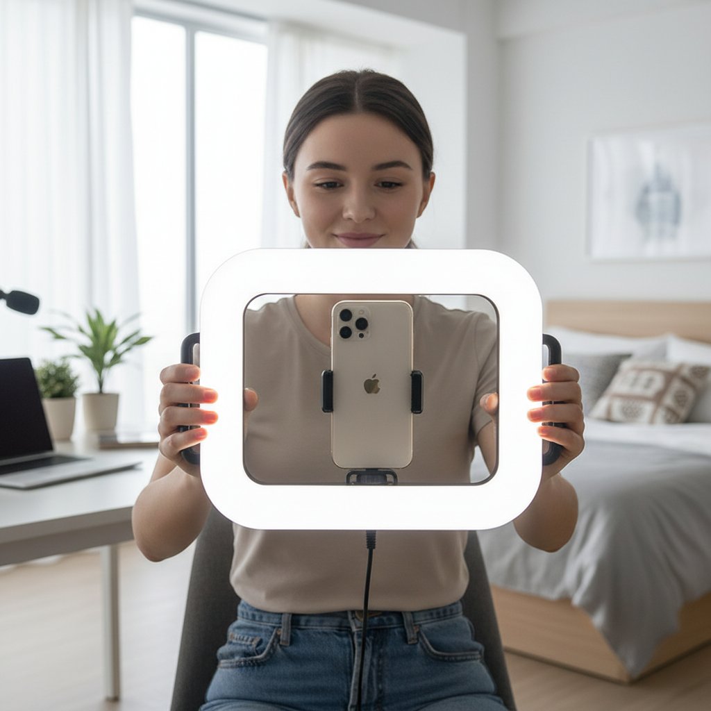 Content creator using ring light with phone