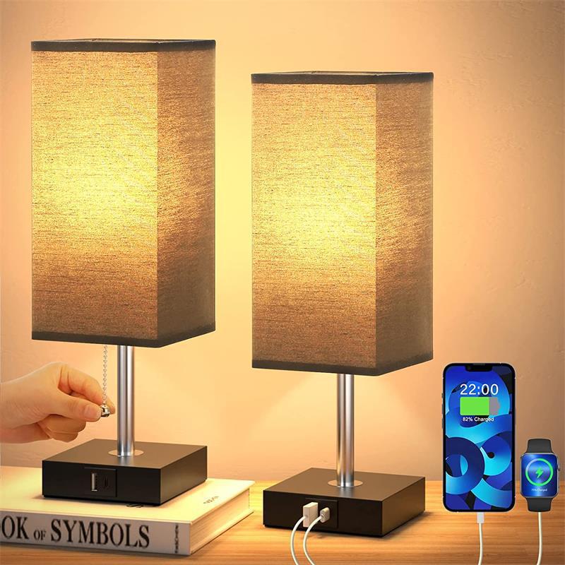 Fabric USB Table Lamp | Pull-Chain, 3-Color LED, Charging Port
