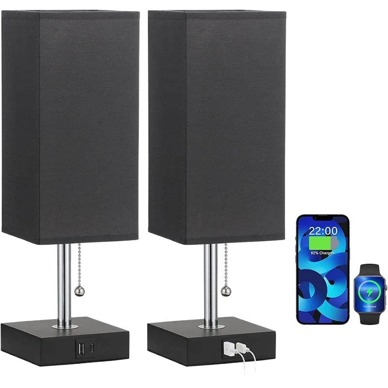 Fabric USB Table Lamp | Pull-Chain, 3-Color LED, Charging Port