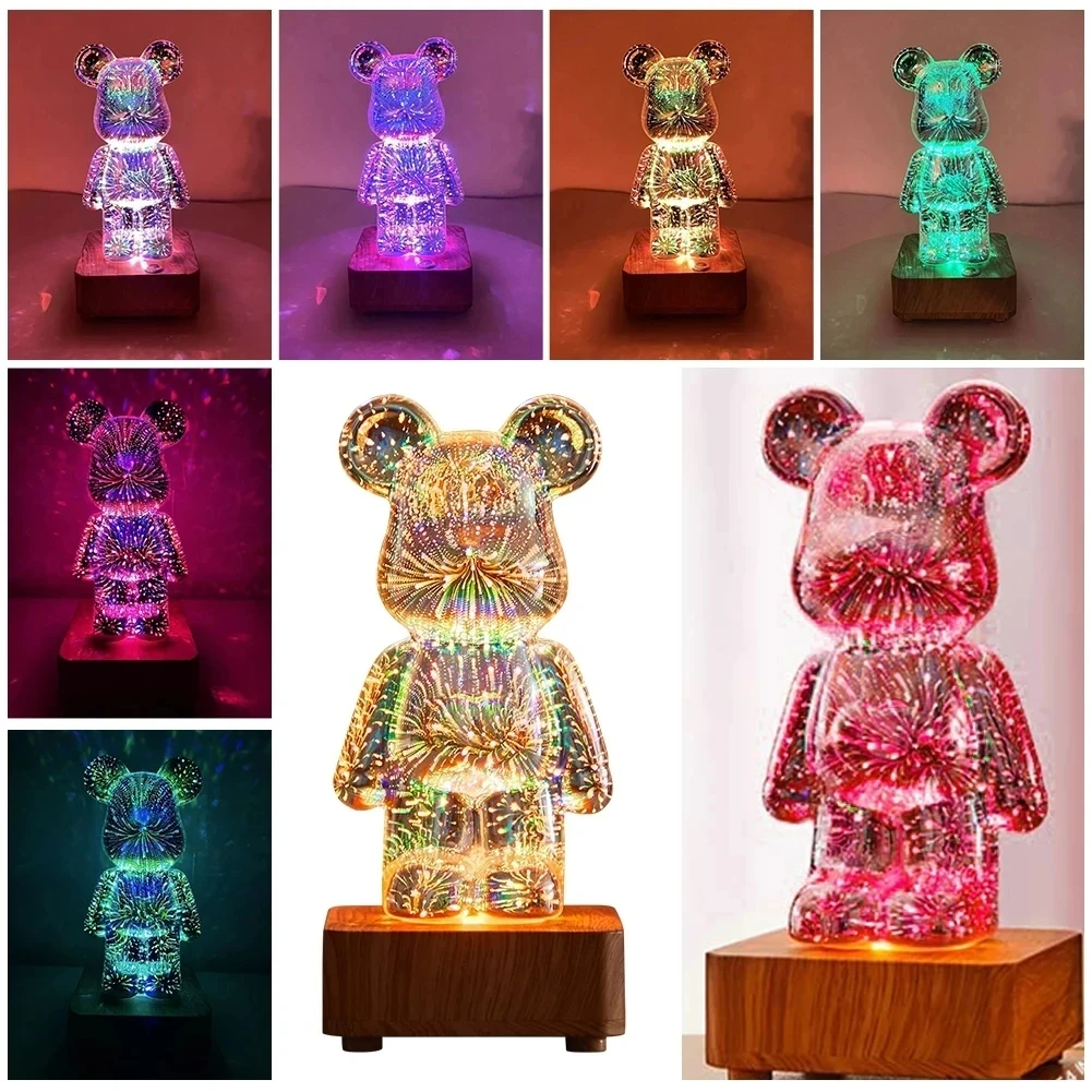 USB Rechargeable Bear Lamp with 3D Fireworks Effect: Unique Night Light