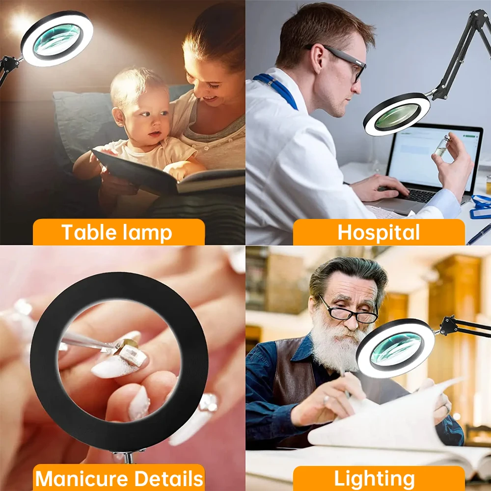 LED Magnifier Reading Lamp with Round Base + Metal Clip