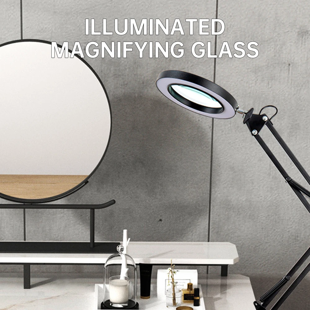 LED Magnifier Reading Lamp with Round Base + Metal Clip