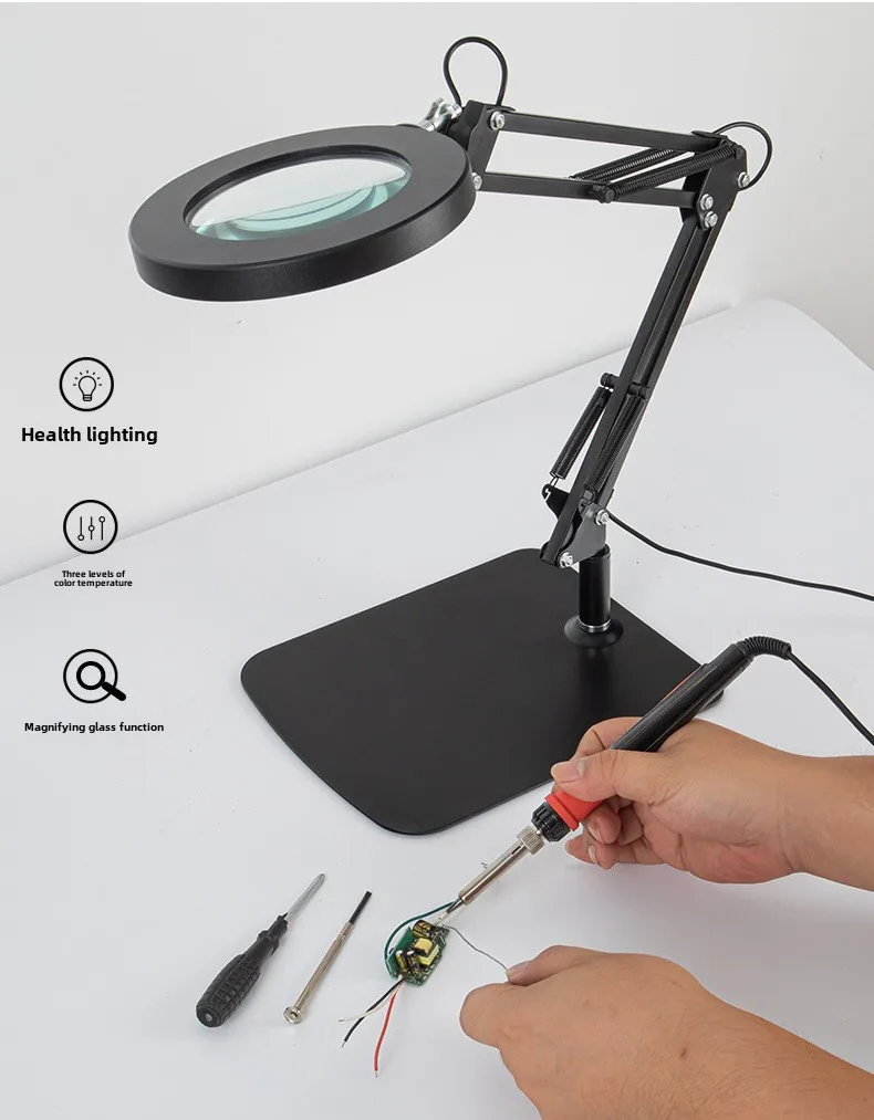 LED Magnifier Reading Lamp with Round Base + Metal Clip