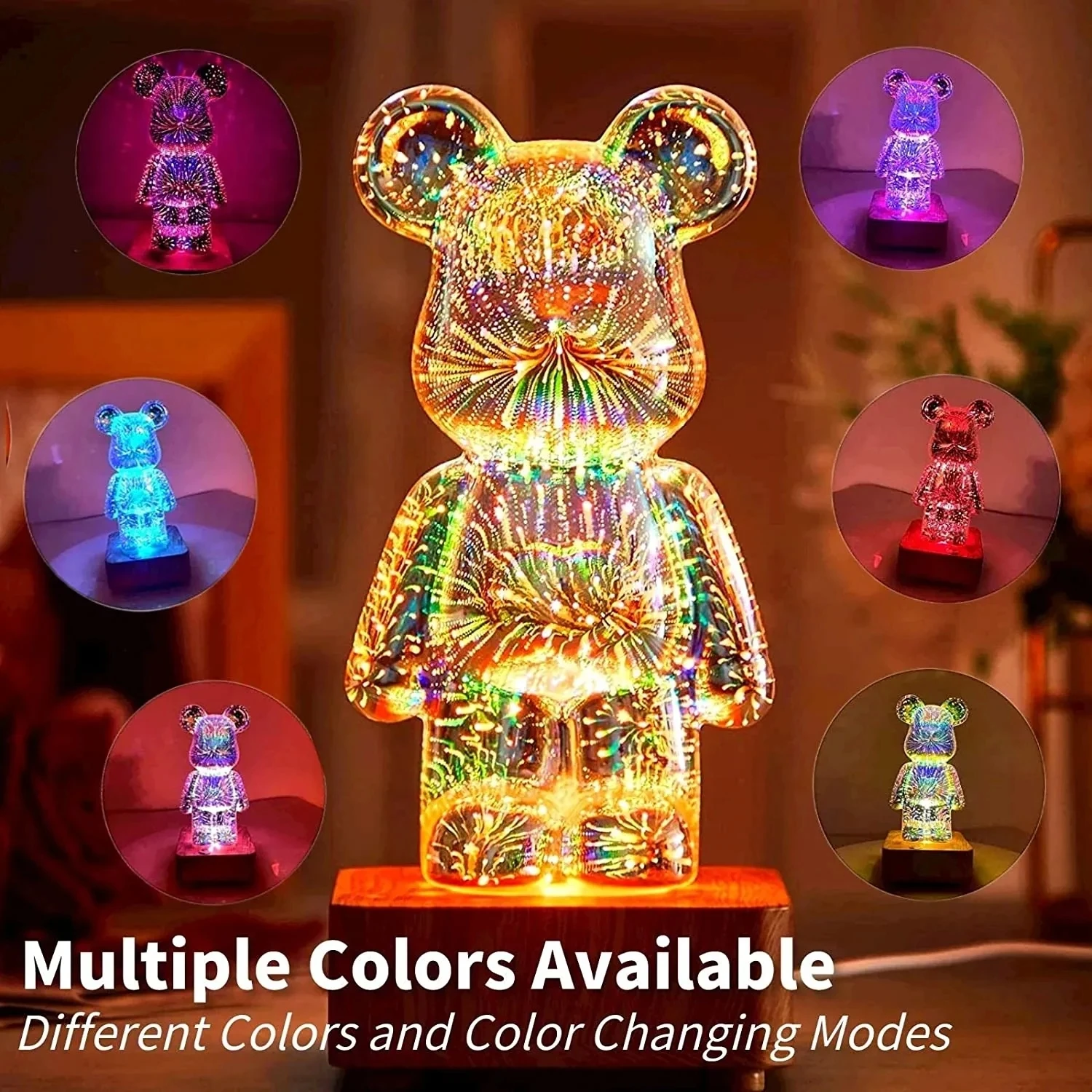USB Rechargeable Bear Lamp with 3D Fireworks Effect: Unique Night Light