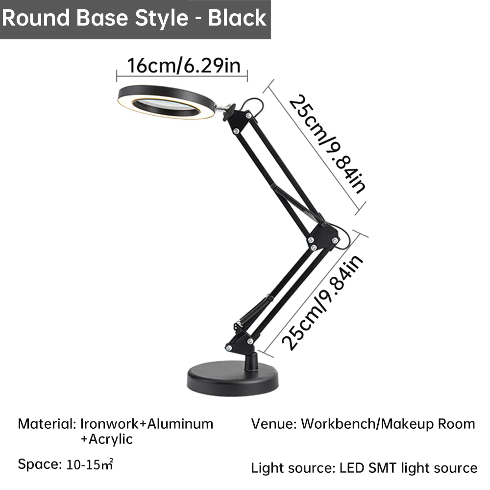 LED Magnifier Reading Lamp with Round Base + Metal Clip