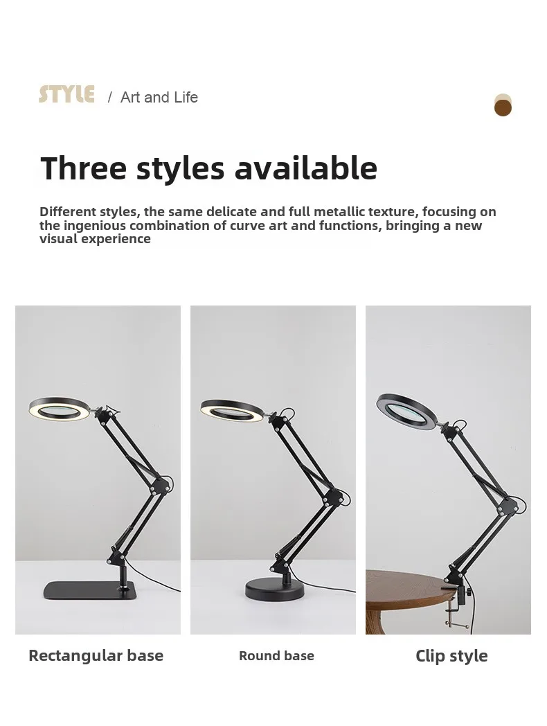 LED Magnifier Reading Lamp with Round Base + Metal Clip