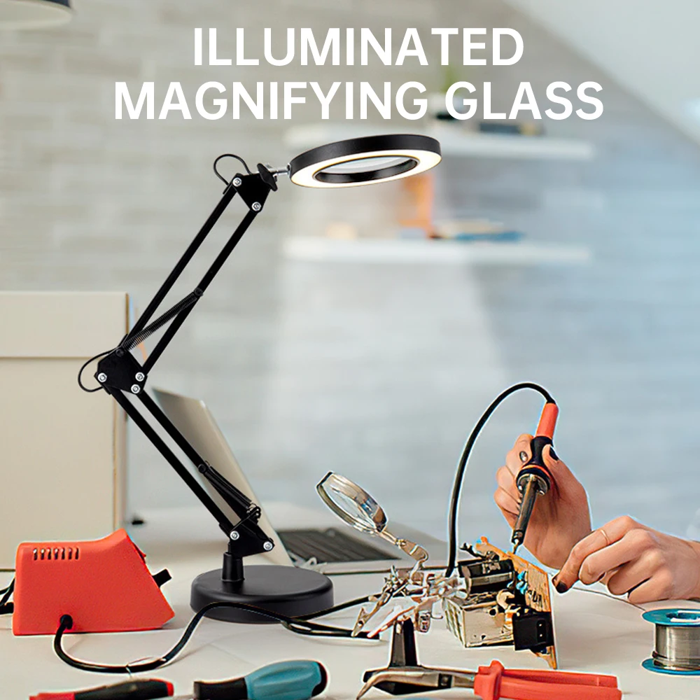 LED Magnifier Reading Lamp with Round Base + Metal Clip