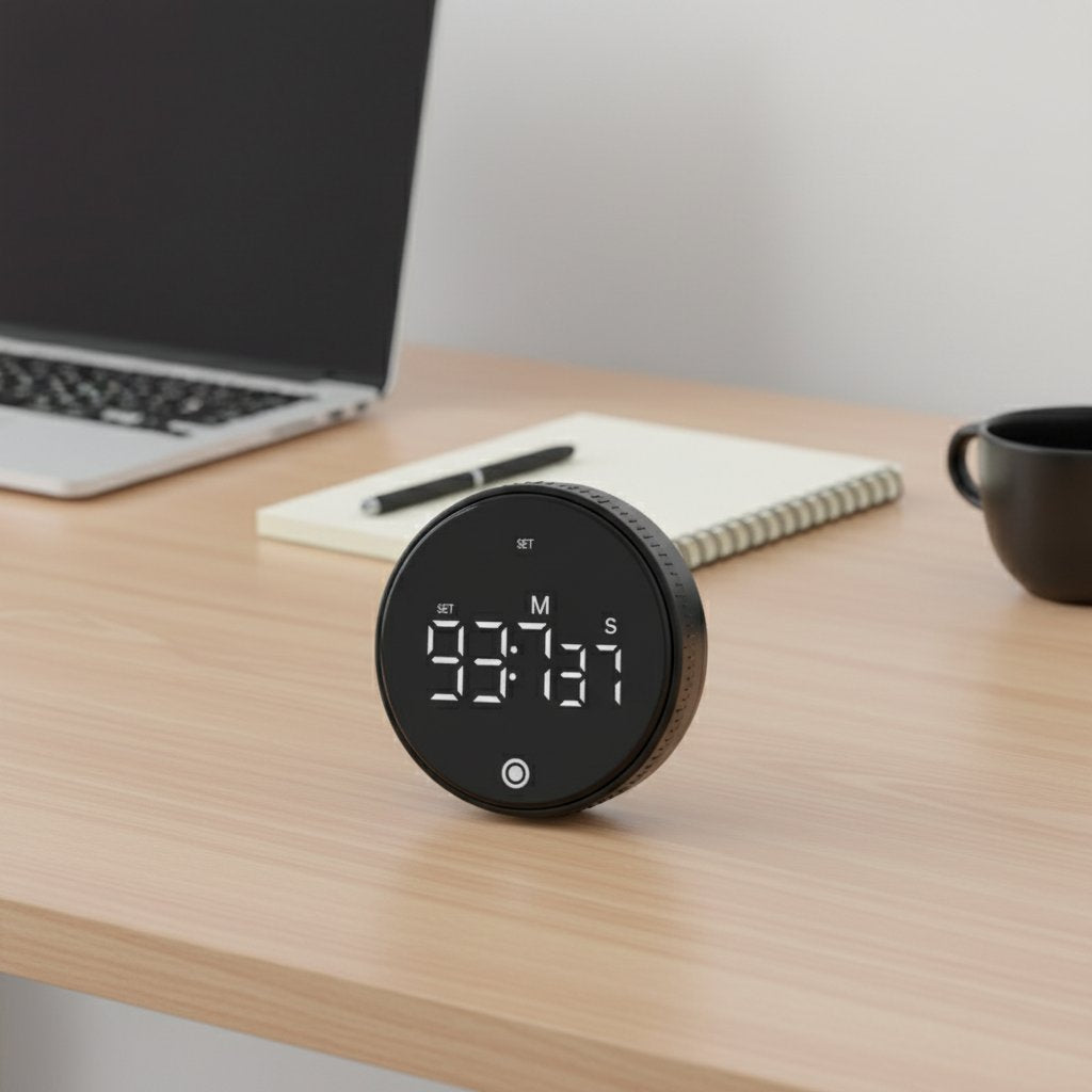 Black magnetic desk timer on minimalist workspace - focus timer