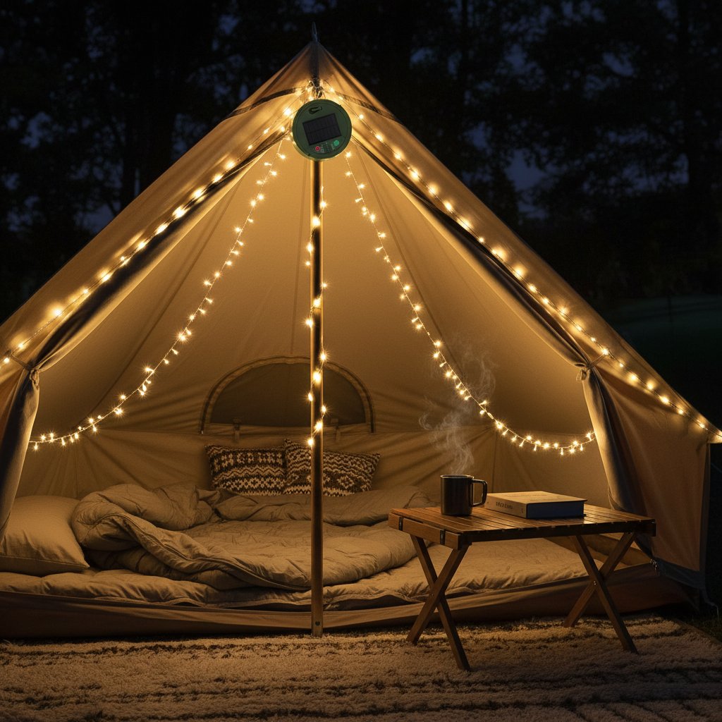 Solar camping light warm white string lights in camping tent lifestyle