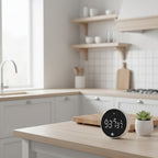 White rotary countdown timer in Scandinavian kitchen setting