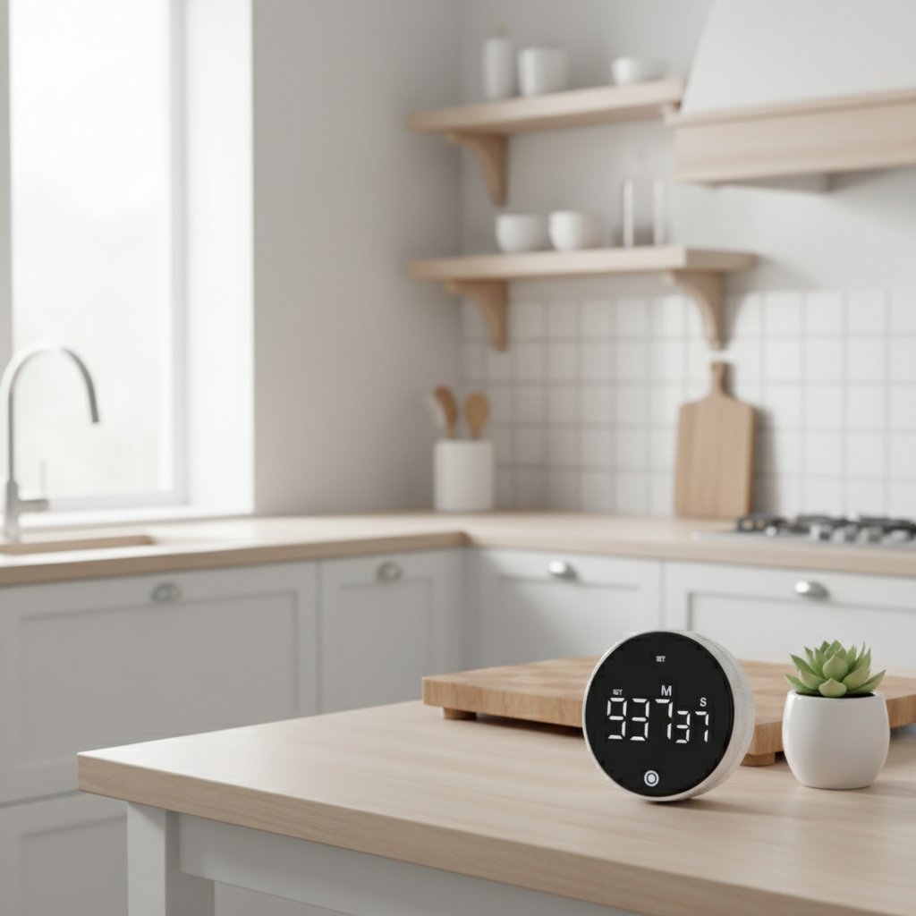 White rotary countdown timer in Scandinavian kitchen setting