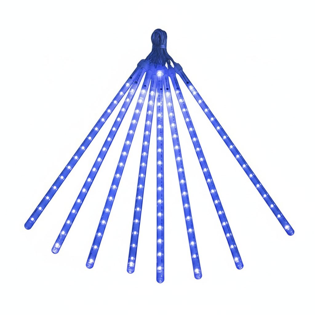LED meteor shower lights blue on white background