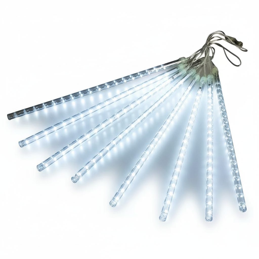 LED meteor shower cool white lights on white background