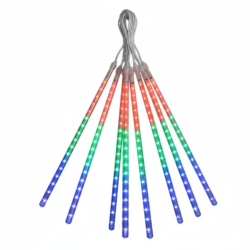 LED meteor shower RGB multicolor lights on white background