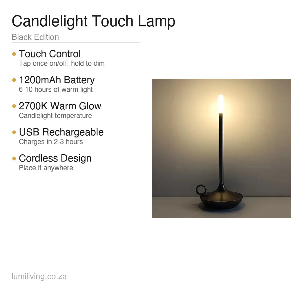 touch control rechargeable lamp black features specifications infographic