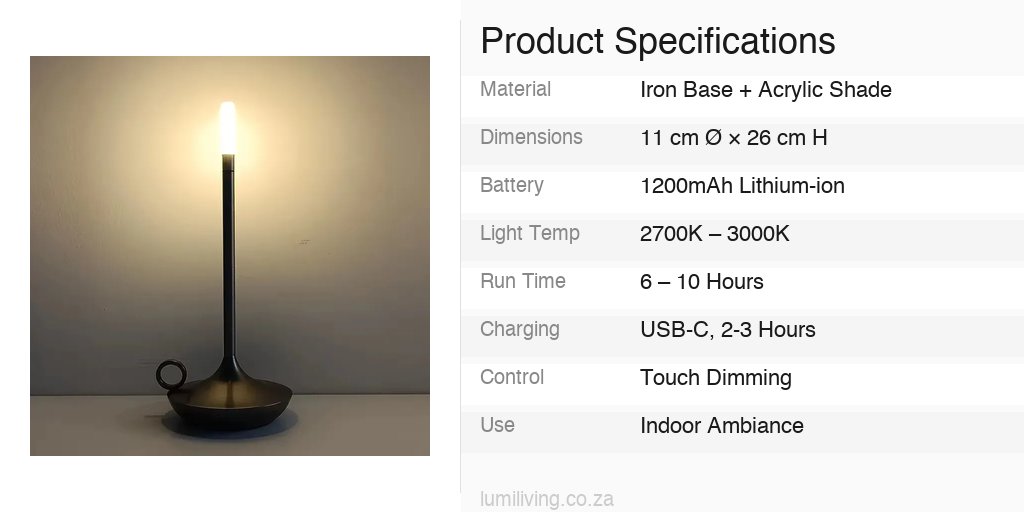 touch control rechargeable lamp black specs specifications infographic
