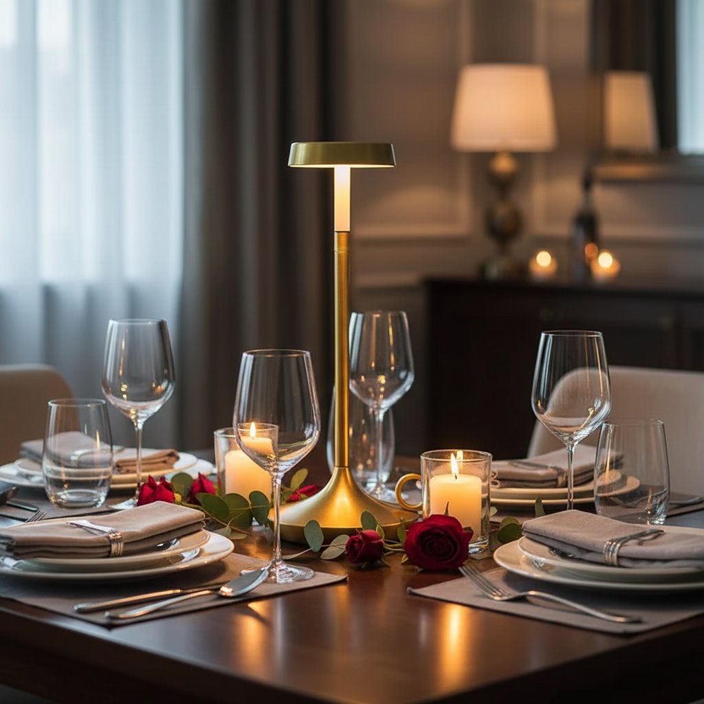 candlelight touch lamp gold dining table warm light lifestyle