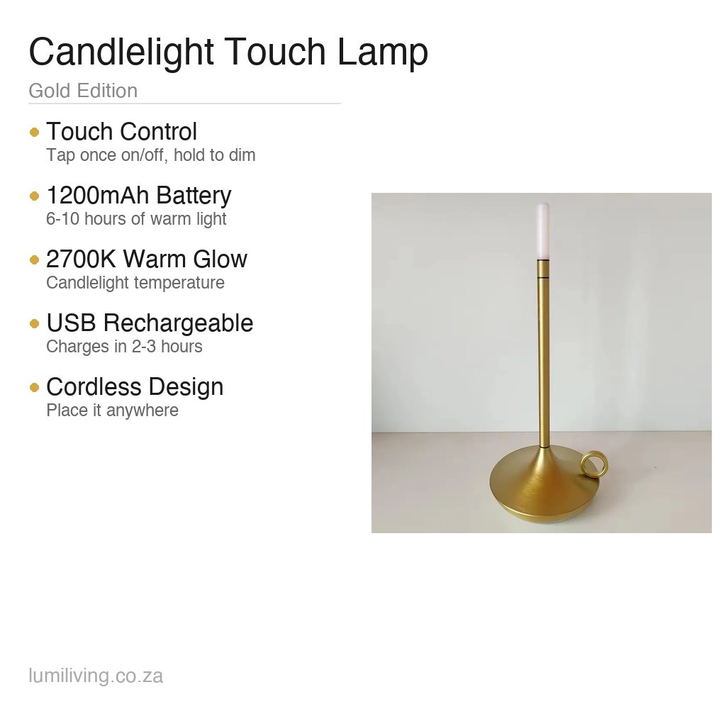 touch control rechargeable lamp gold features specifications infographic