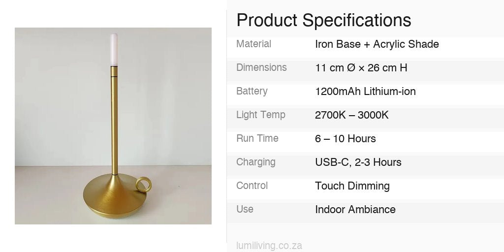 touch control rechargeable lamp gold specs specifications infographic