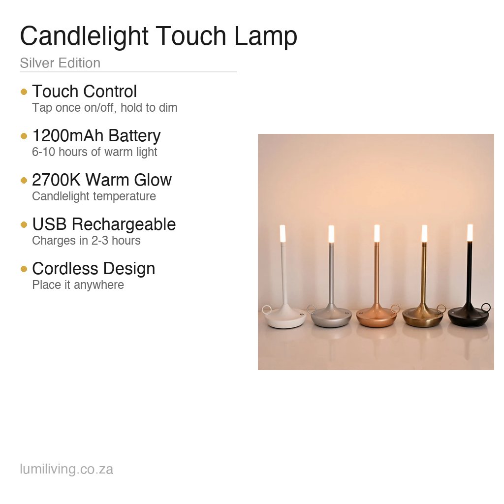 touch control rechargeable lamp silver features specifications infographic