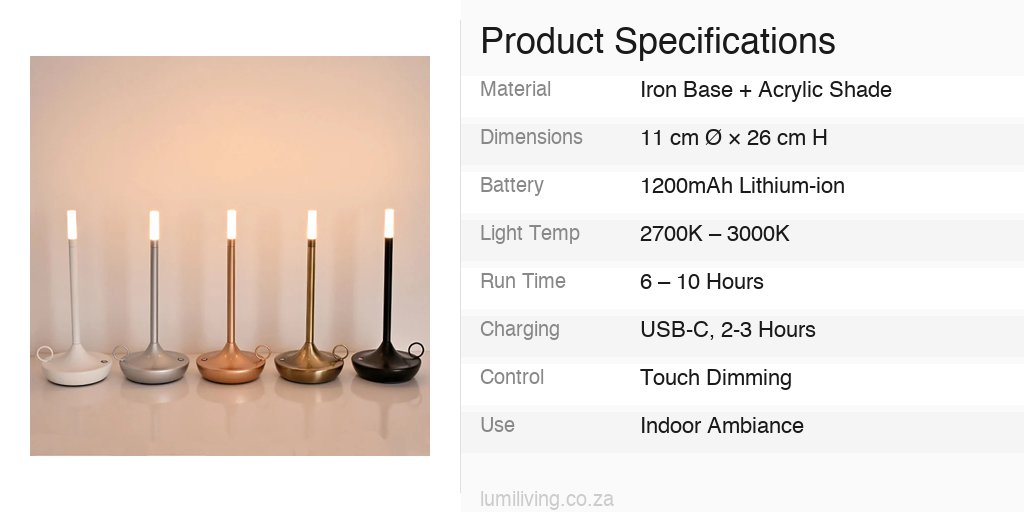 touch control rechargeable lamp silver specs specifications infographic