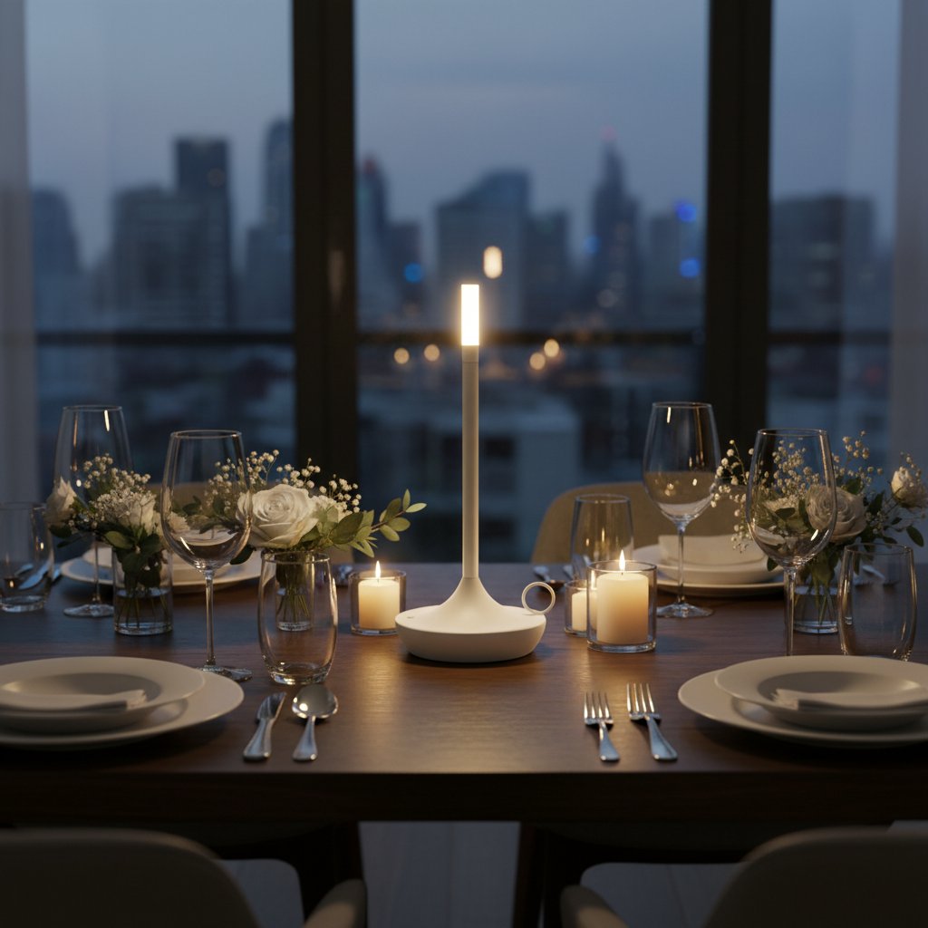 candlelight touch lamp white dining table warm light lifestyle