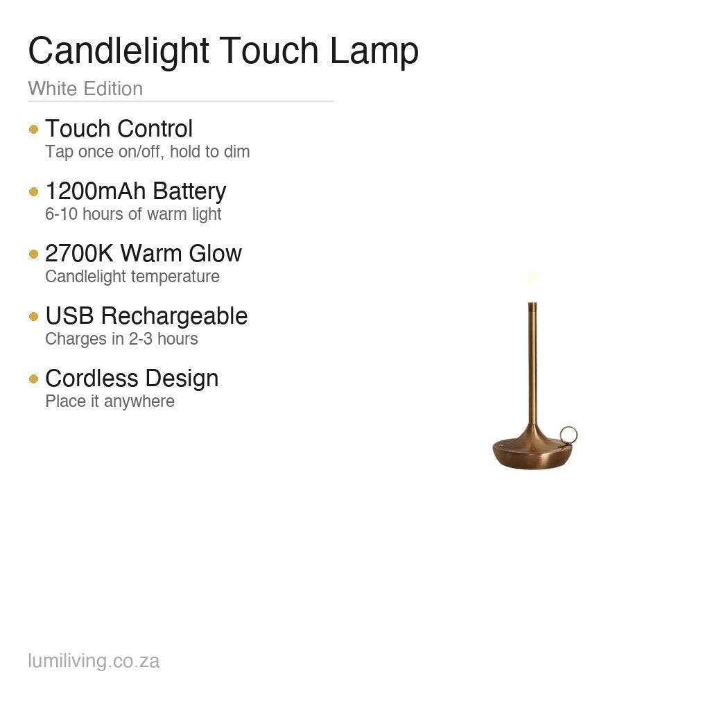 touch control rechargeable lamp white features specifications infographic