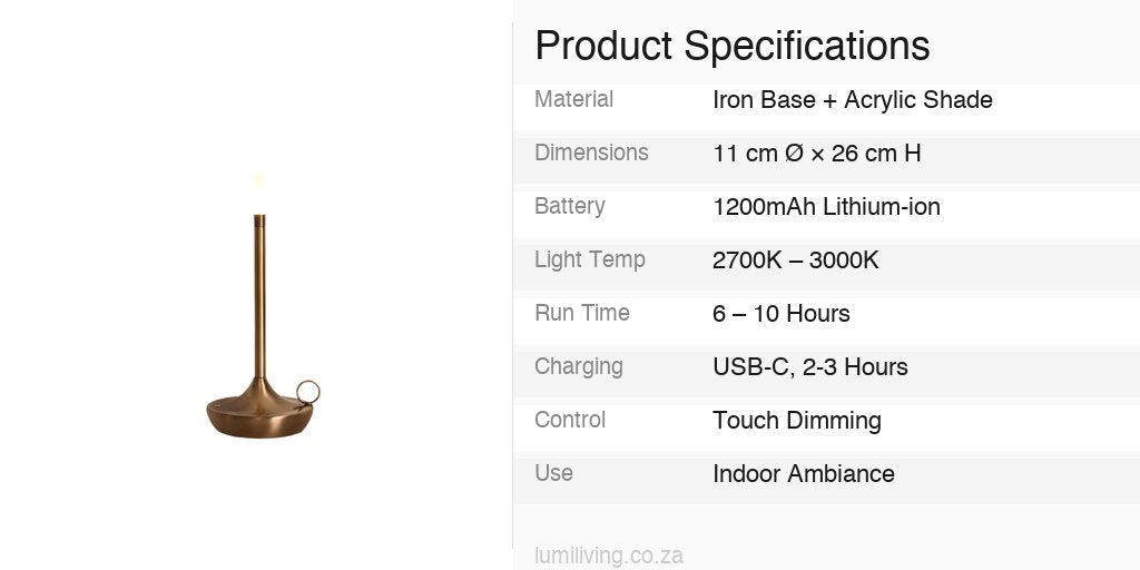 touch control rechargeable lamp white specs specifications infographic
