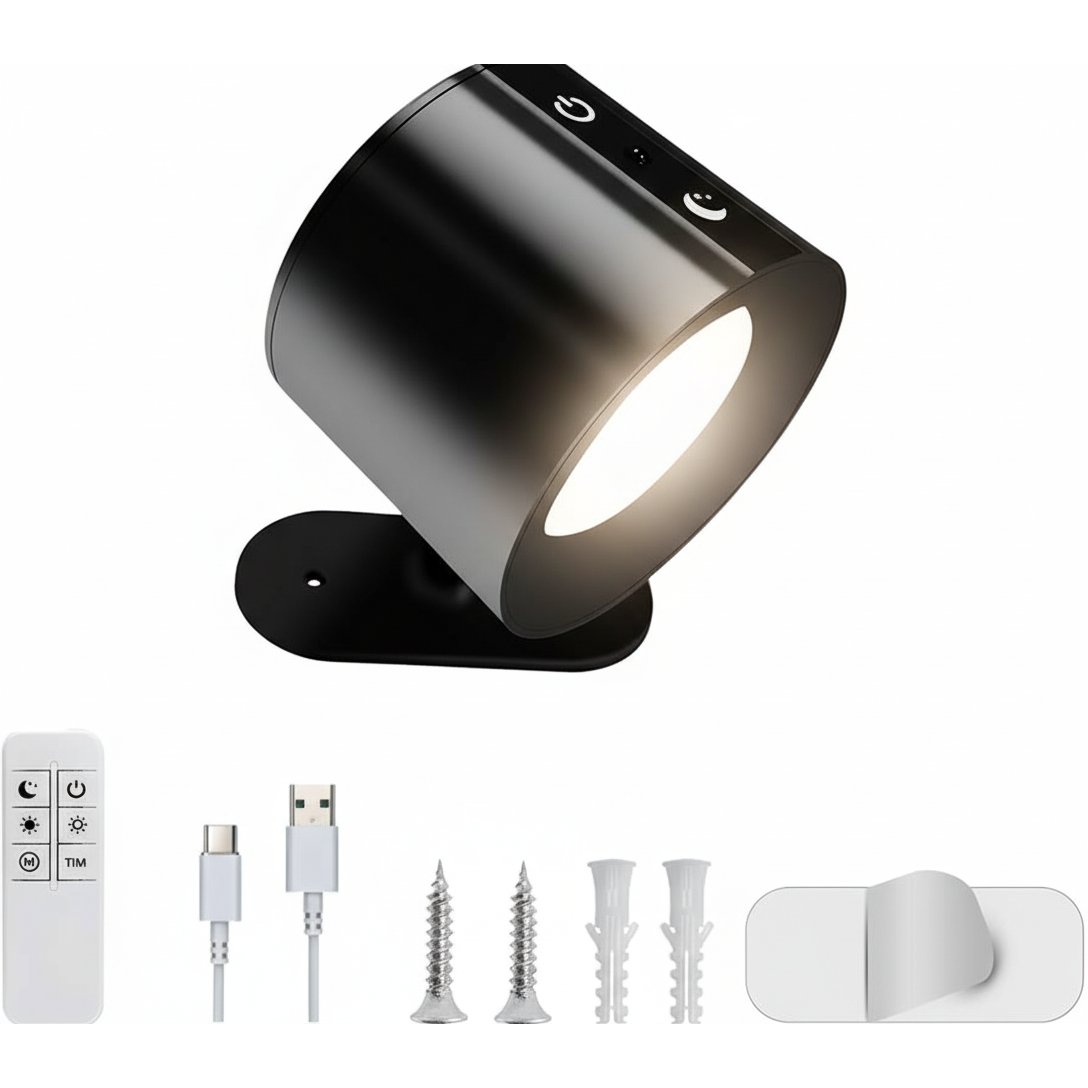 Rechargeable Spotlight Wall Lamp - Black with accessories