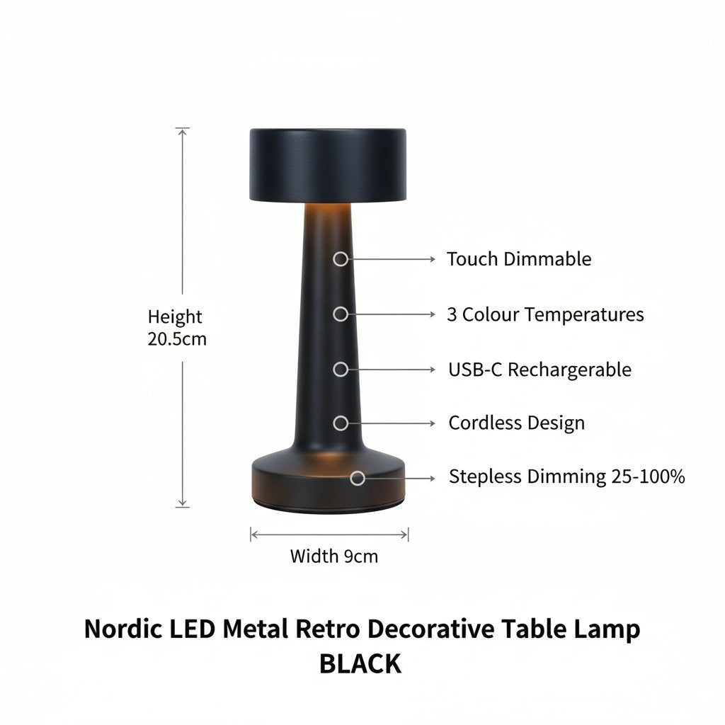 Black Nordic LED Metal Retro Table Lamp dimensions 9cm x 20.5cm touch dimmable 3 colour temps USB-C cordless specs