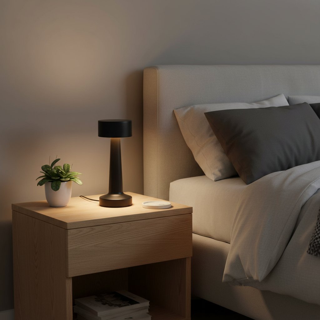 Black Nordic LED Metal Retro Table Lamp on bedroom nightstand warm evening glow rechargeable cordless touch dimmable