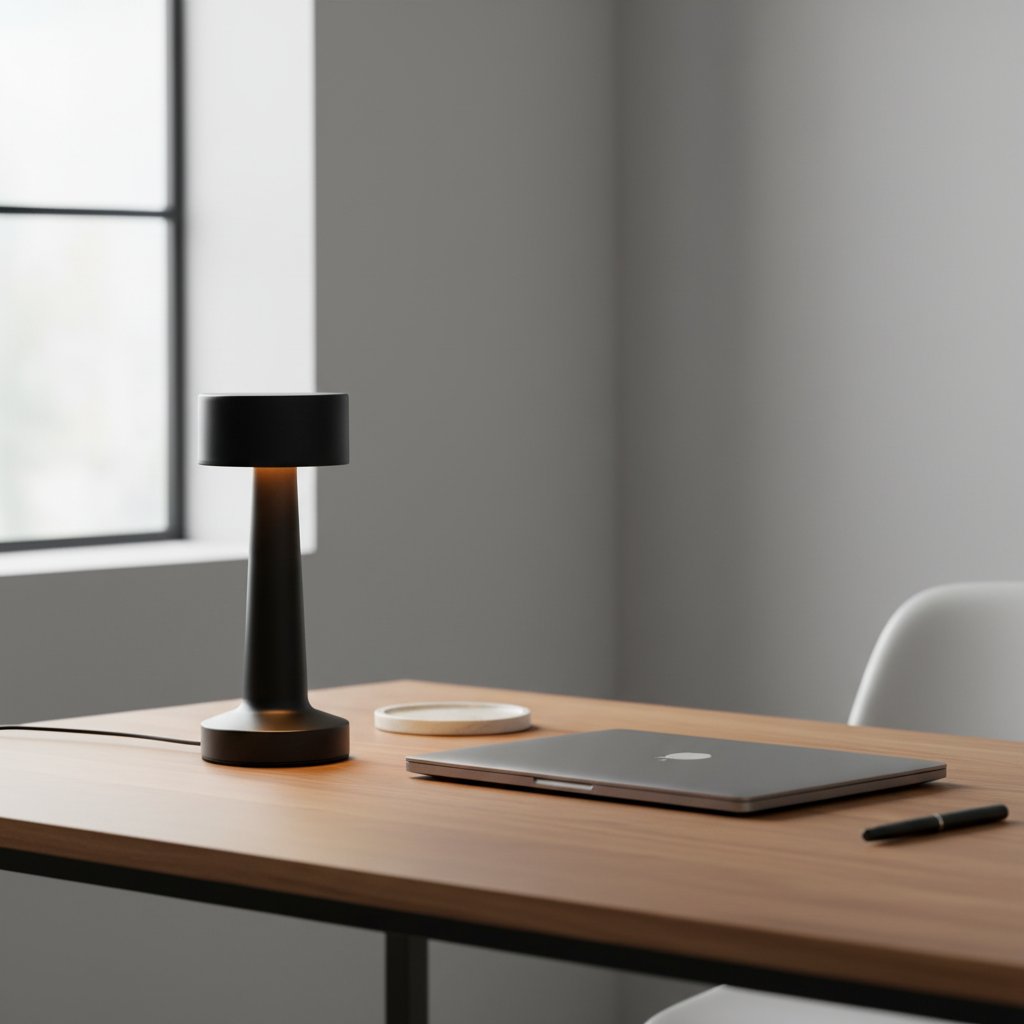Black Nordic LED Metal Retro Table Lamp on minimalist home office desk cordless rechargeable ambient desk light