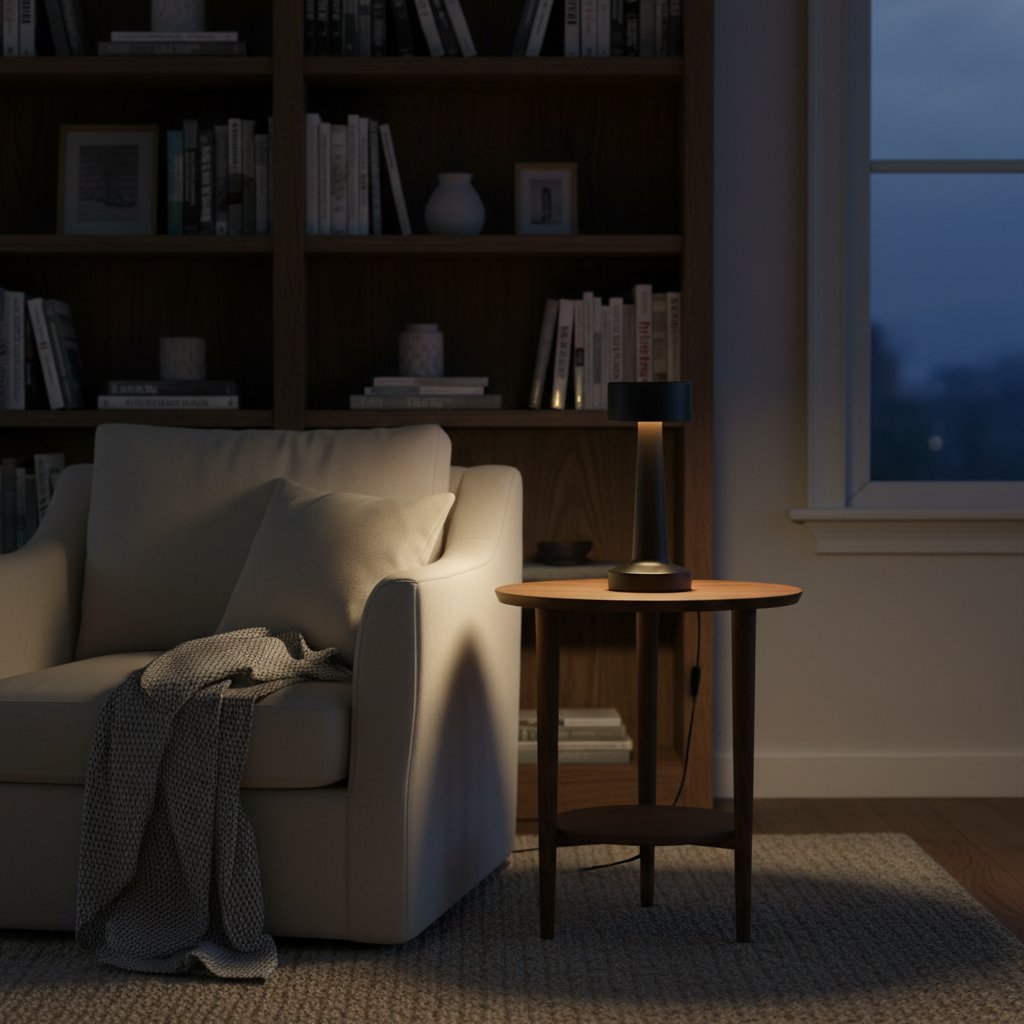 Black Nordic LED Metal Retro Table Lamp in cozy reading nook warm touch dimmable cordless LED light