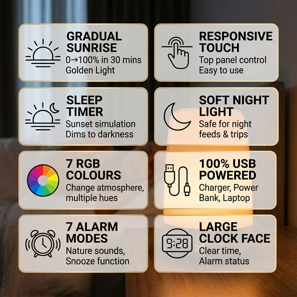 Sunrise alarm clock feature overview - sunrise, sleep timer, RGB, USB powered