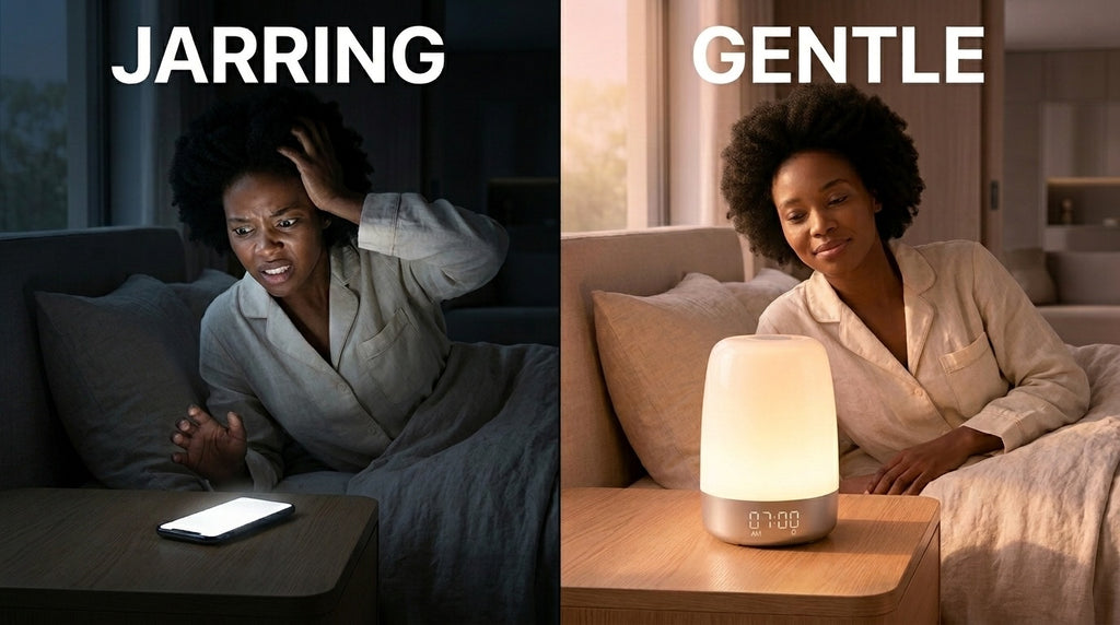 Harsh phone buzzer alarm versus a gentle sunrise wake-up