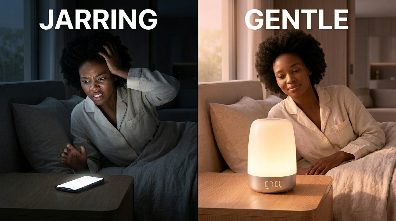 Harsh phone buzzer alarm versus a gentle sunrise wake-up