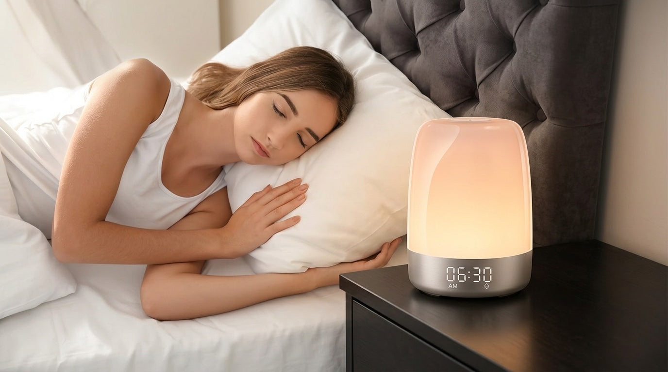 Sunrise alarm clock gently waking a woman with warm light