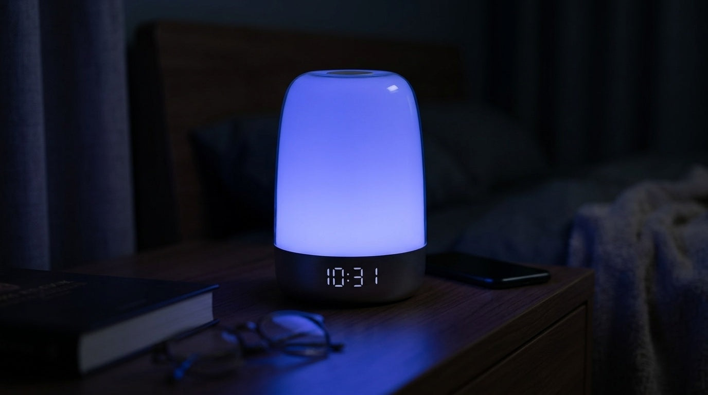 Sunrise alarm clock used as a blue RGB night light on a bedside table